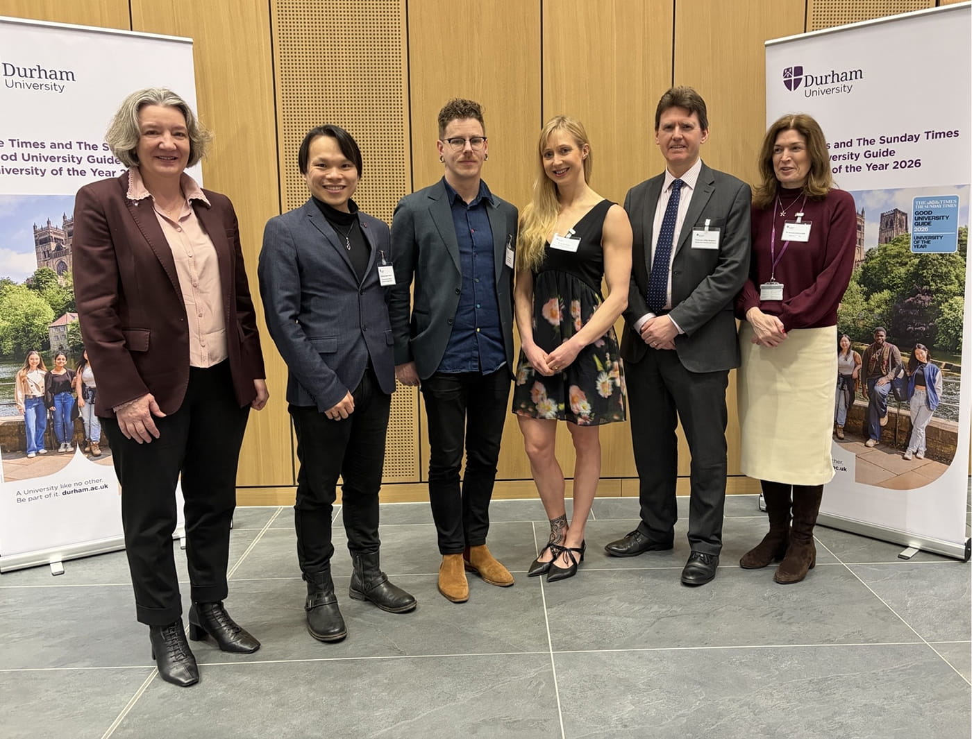 AI at Convocation 2026. Left to right: Vice-Chancellor and Warden, Professor Karen O'Brien; Professor Hubert Shum; Dr Travis LaCroix; Dr Sarah Heaps; Deputy Vice-Chancellor and Provost, Professor Mike Shipman; University Secretary, Dr Amanda Wilcox.