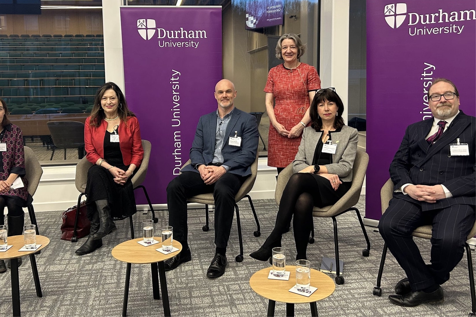 The panel at Congregation (Professor Karen O’Brien with L-R Professors Janet Stewart, Edith Hall, Alex Broadbent, Anna Rowlands, the late Simon James)