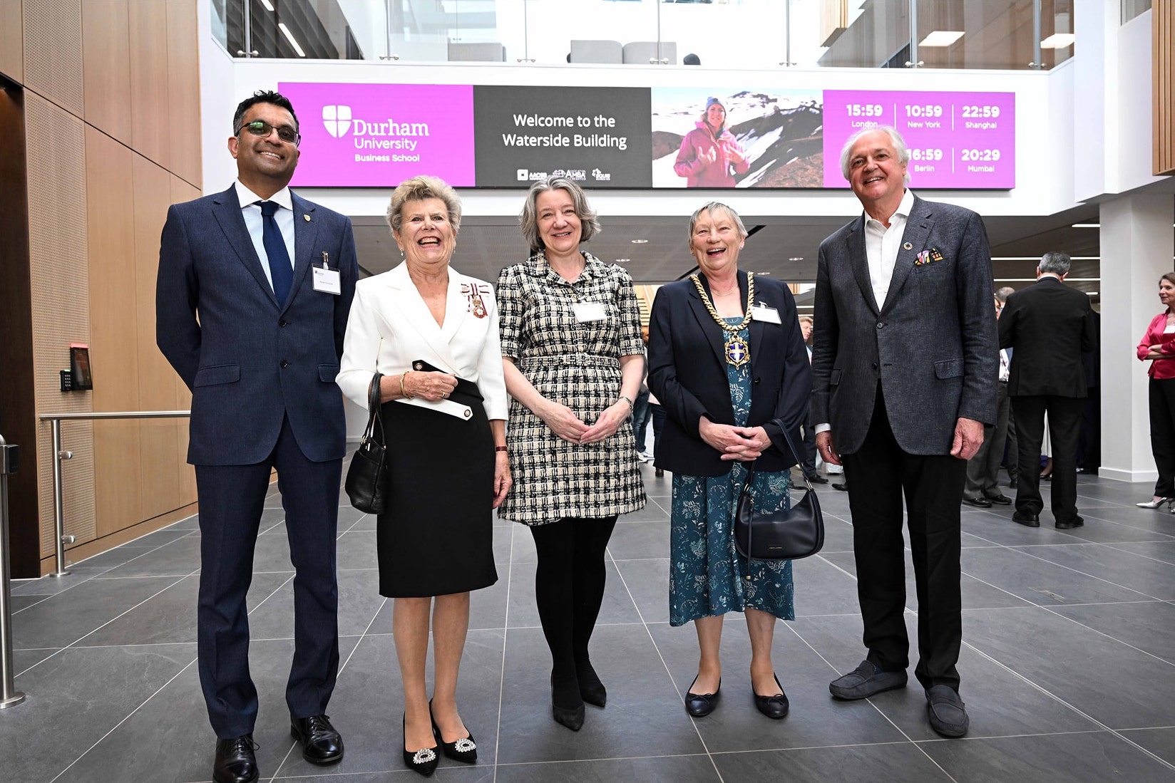 From left: Professor Kieran Fernandes, Sue Snowden (Lord-Lieutenant of County Durham), Professor Karen O’Brien, Liz Brown (Mayor of Durham), Paul Polman