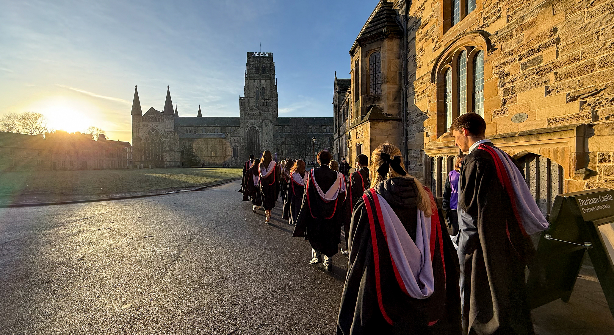 Students head towards Durham Cathedral in their robes for Congregation